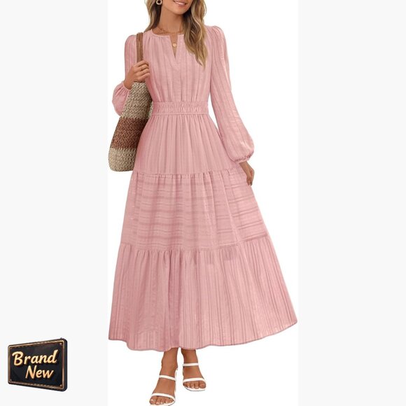 Dresses & Skirts - Long Sleeve V Neck Tiered Cotton Maxi Dress with Pockets